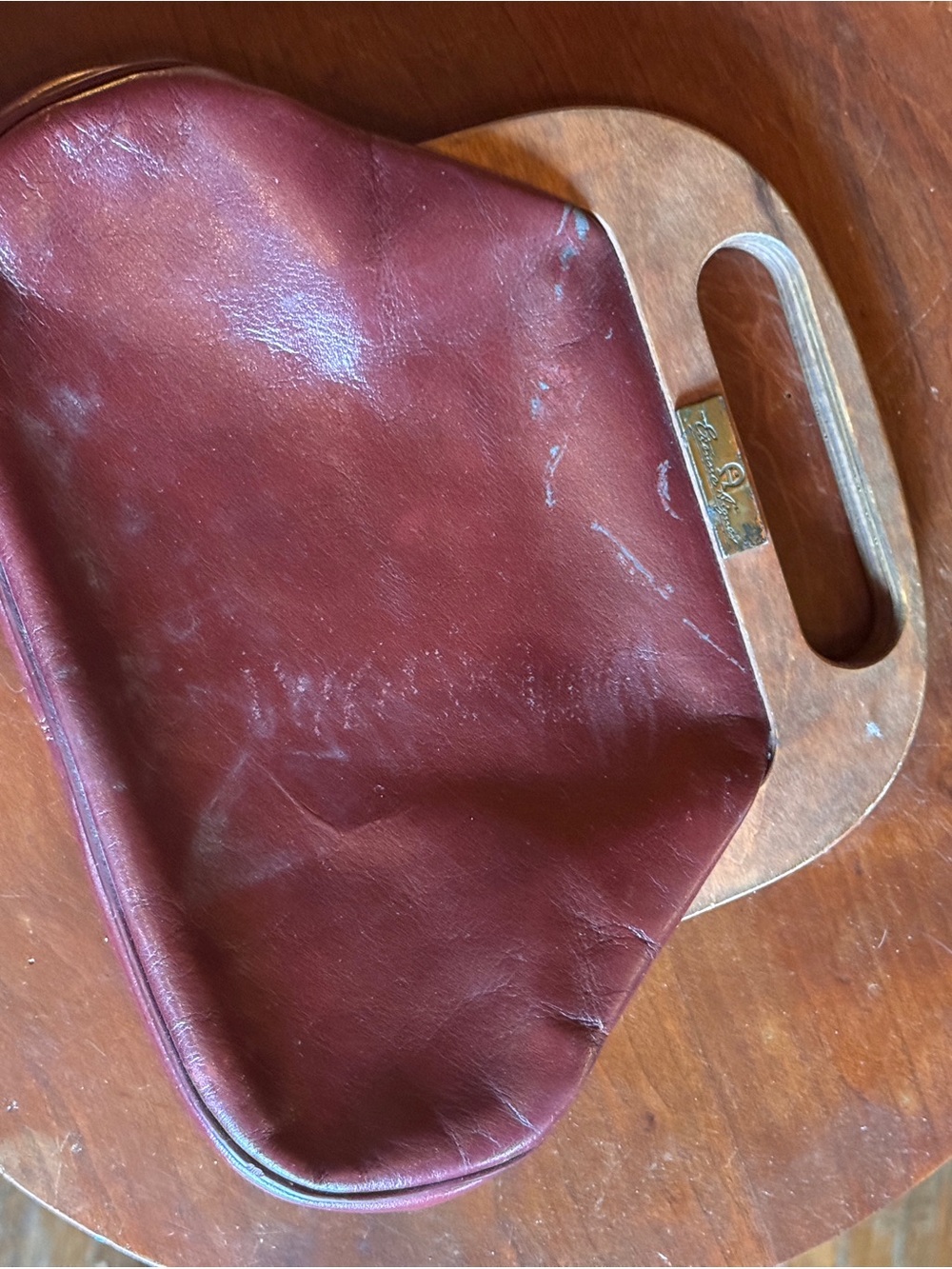 Vintage Etienne Aigner Oxblood Leather Wood Top Handle Handbag